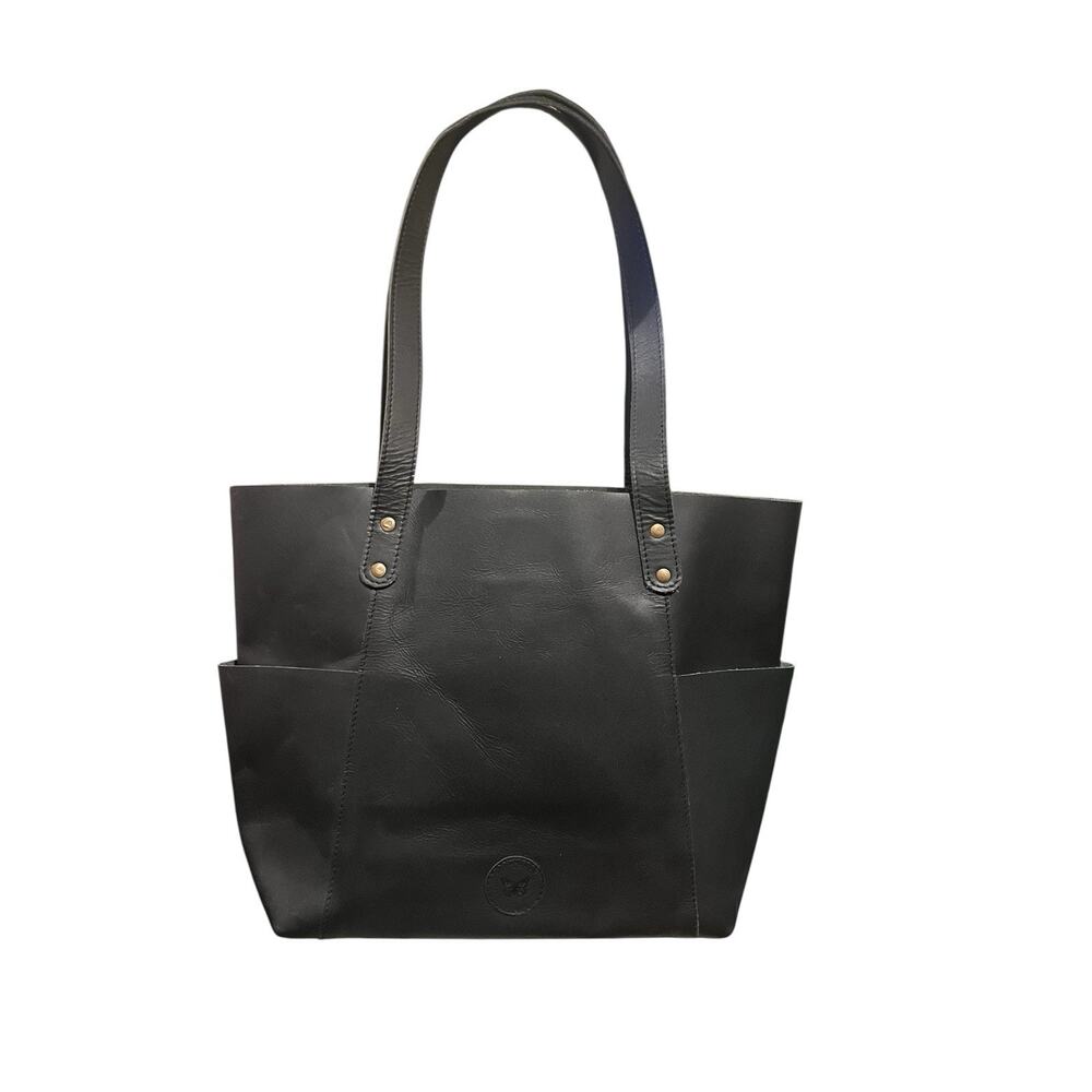 Le Papillon Black Leather Large Market Shopping Tote Purse Bag Double Handle
